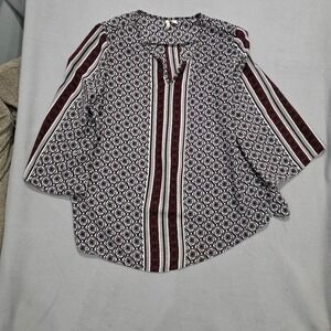 Cato Womens Boho Medallion Print Bell Sleeve Blouse Black Burgundy Large L